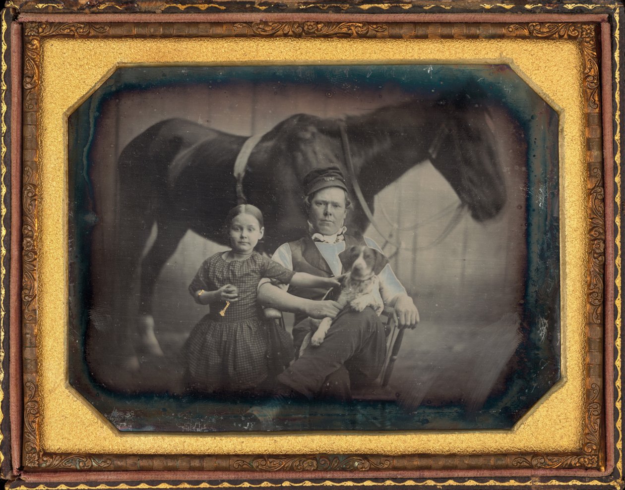 Ritratto di un uomo e una ragazza con cavallo e cane da American 19th Century