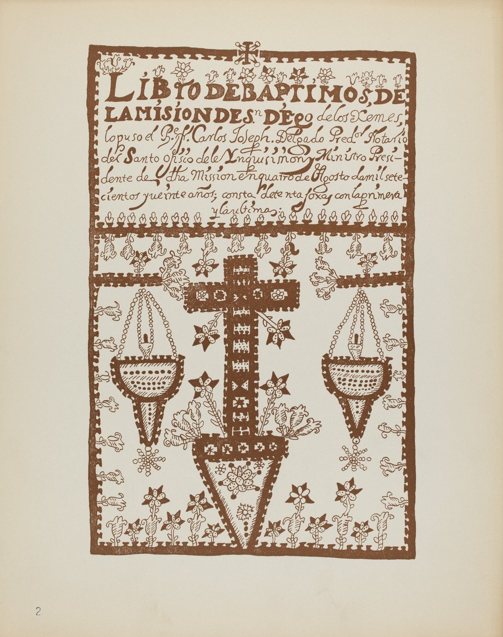 Tavola 2: Libro dei Battesimi di Jemez: Dal Portfolio "Disegni Colonial Spagnoli del Nuovo Messico" da American 20th Century