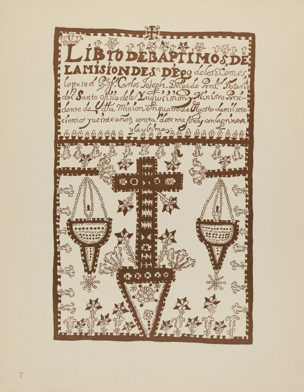 Tavola 2: Libro dei Battesimi di Jemez: Dal Portfolio "Designs coloniali spagnoli del Nuovo Messico" da American 20th Century