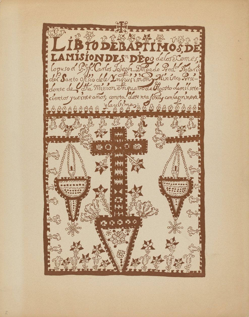 Tavola 2: Libro dei battesimi di Jemez: Dal portfolio "Disegni coloniali spagnoli del Nuovo Messico" da American 20th Century