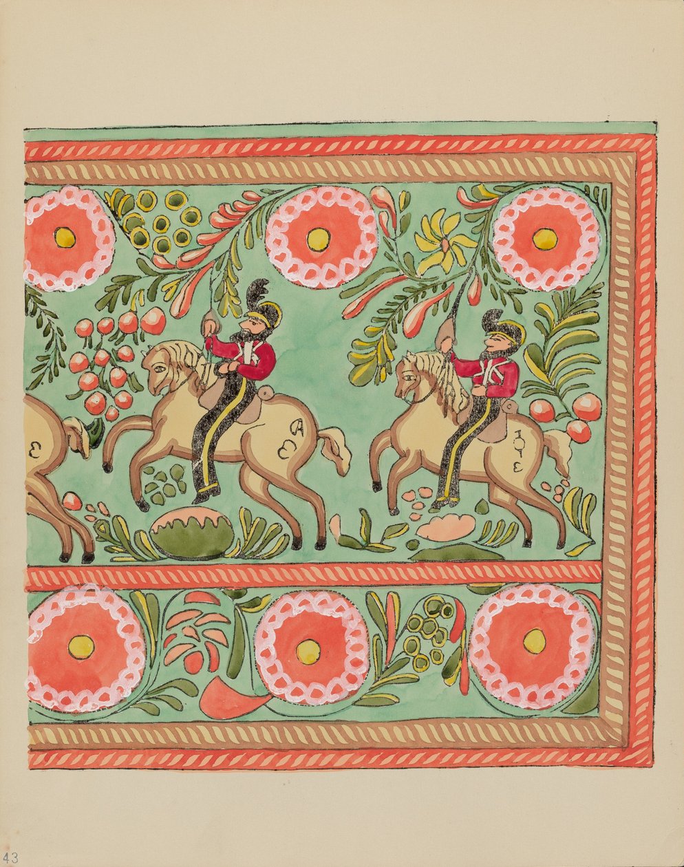 Tavola 43: Disegno di cassapanca dipinta: Dal portfolio "Disegni coloniali spagnoli del Nuovo Messico" da American 20th Century