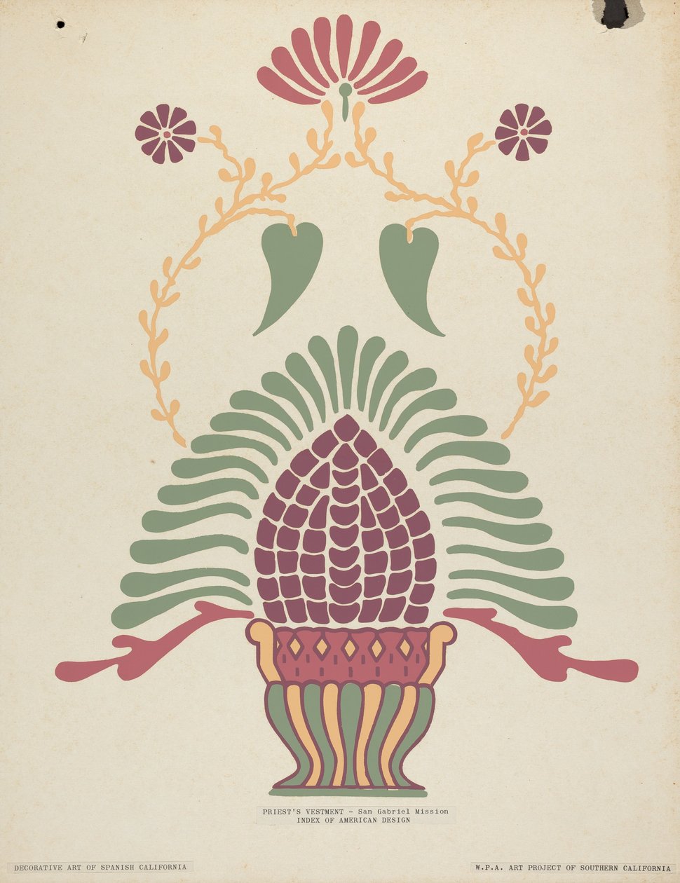 Paramento del sacerdote della Missione San Gabriel dal portfolio "Arte decorativa della California spagnola" da American 20th Century