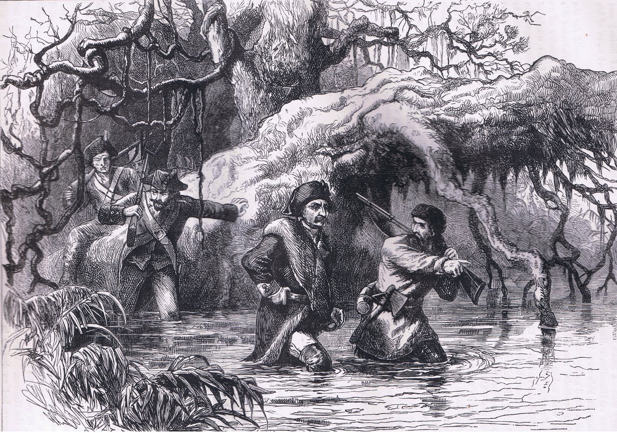 Clarke e i suoi soldati attraversano il Wabash, illustrazione da Cassells History of the United States pubblicata da Cassell, Petter & Galpin, c.1900 (litografia) da American English school
