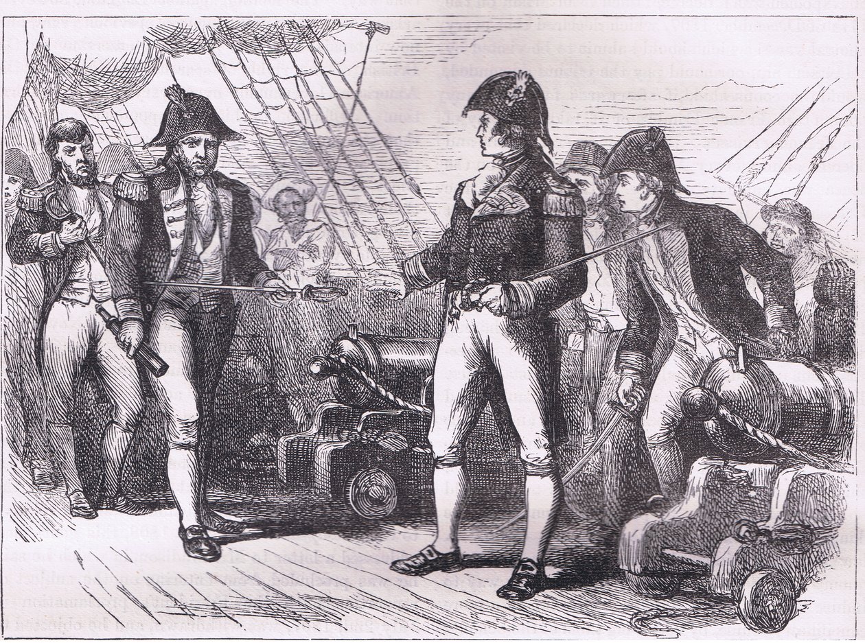 Gli ufficiali del Chesapeake offrono le loro spade, illustrazione da Cassells History of the United States pubblicata da Cassell, Petter & Galpin, c.1900 (litografia) da American English school