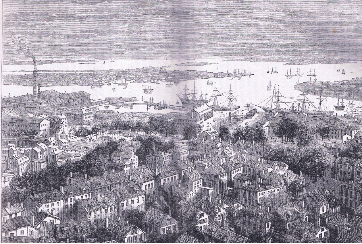 Veduta di Boston da Bunkers Hill, illustrazione da Cassells History of the United States pubblicata da Cassell, Petter & Galpin, c.1900 (litografia) da American English school