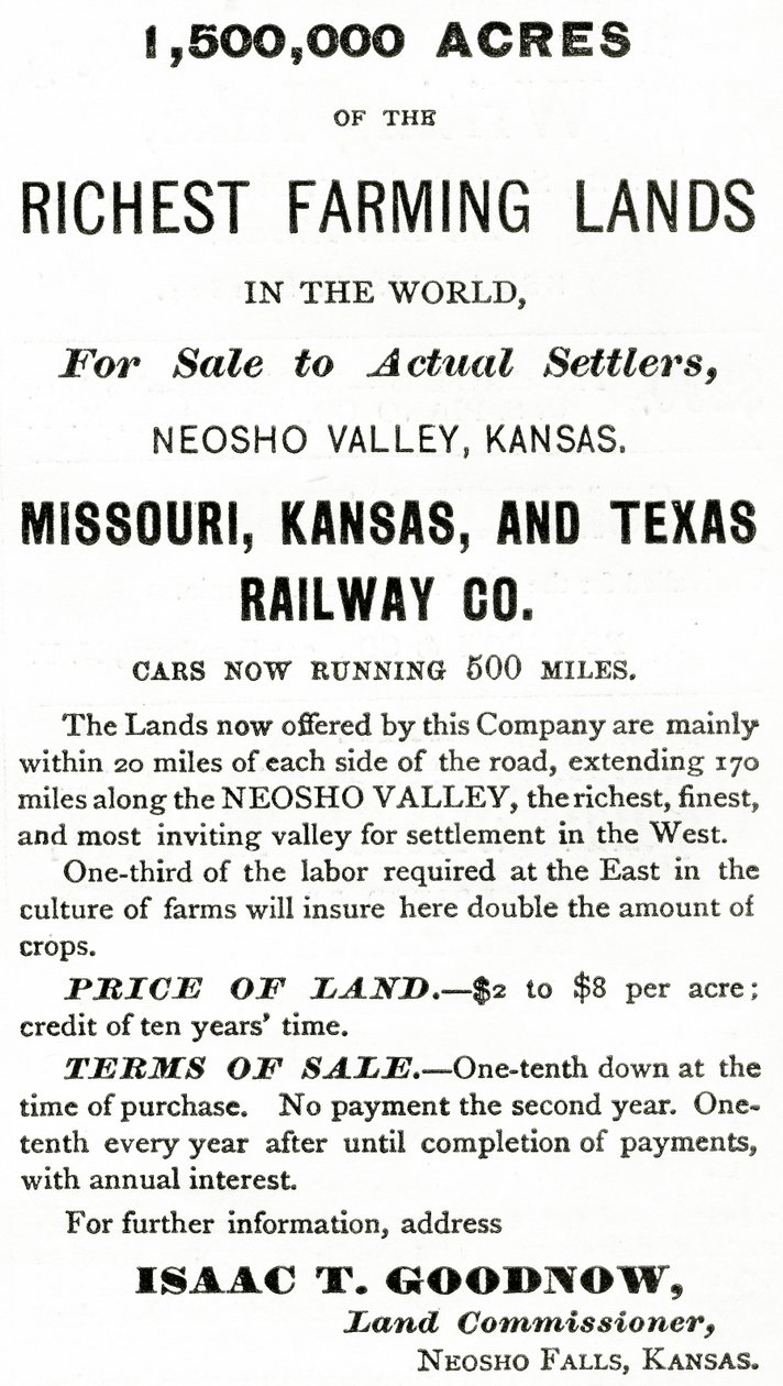 1.500.000 acri delle terre agricole più ricche del mondo, nella valle del Neosho, Kansas, pubblicità da Appletons Journal, 4 maggio 1872 da American School