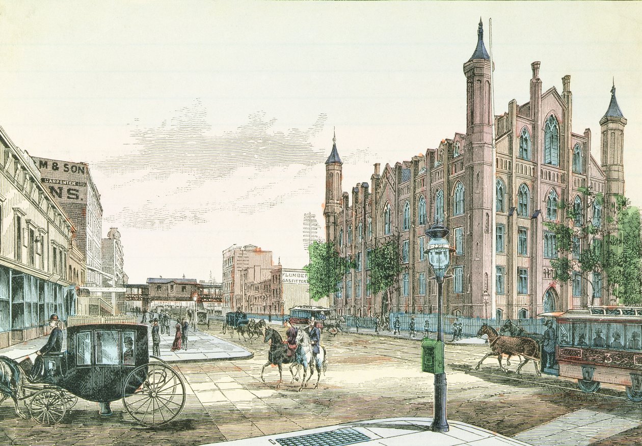 3rd Avenue e 23rd Street, Stazione della Ferrovia Elevata e il College della Città di New York, da 36 Vedute di New York e Dintorni, pubblicato da Charles Magnus da American School