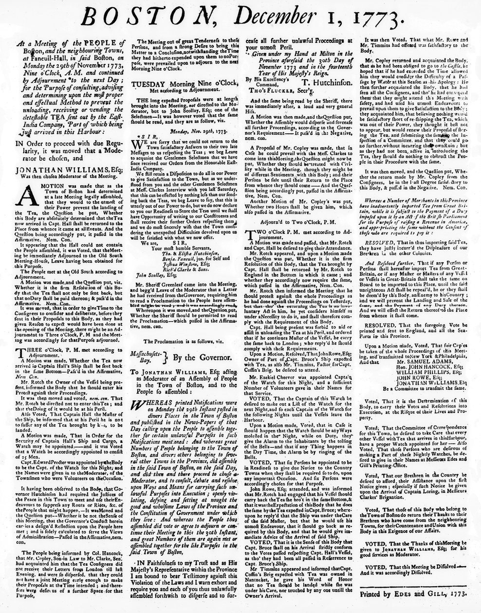 Un giornale Broadside che descrive gli eventi del Boston Tea Party, dicembre 1773 da American School