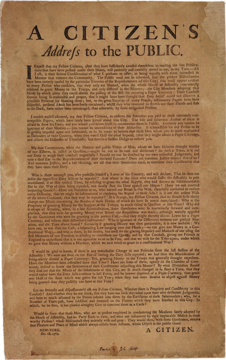 Indirizzo di un cittadino al pubblico riguardo al sostegno delle truppe reali, 18 dicembre 1769 da American School