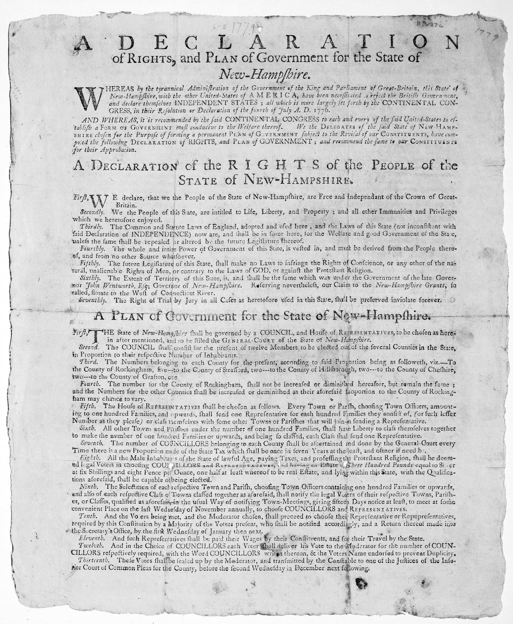 Dichiarazione dei diritti e piano di governo per lo Stato del New Hampshire, 1779 da American School