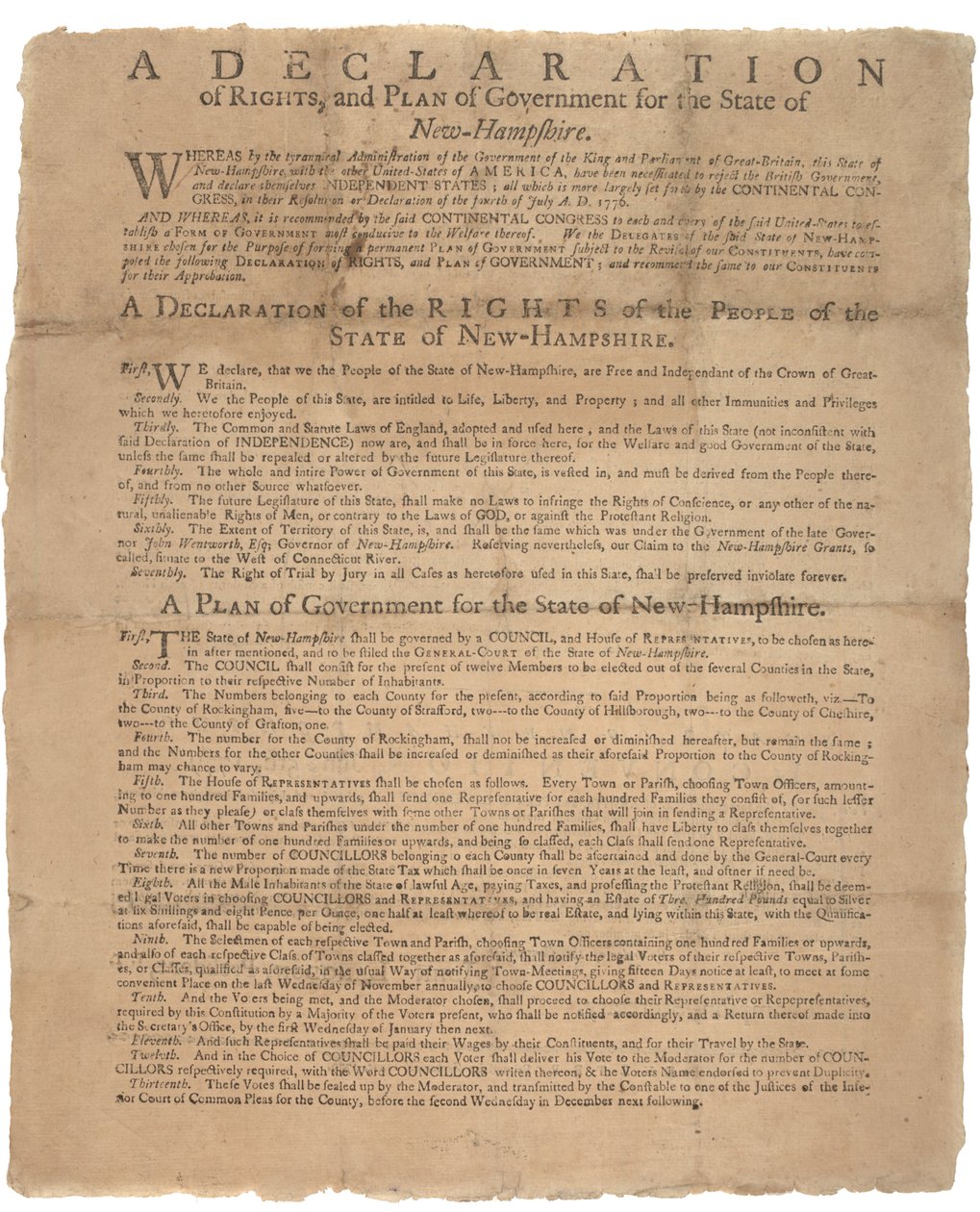 Dichiarazione dei diritti e richiesta di governo per lo Stato del New Hampshire, 1779 da American School
