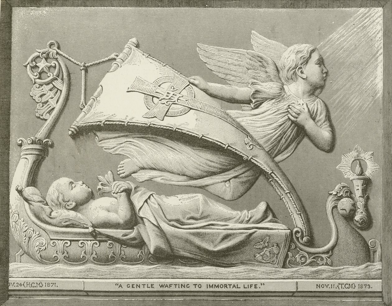 "Una delicata ondata di vita immortale", dalla scultura di F M Miller (incisione). da American School