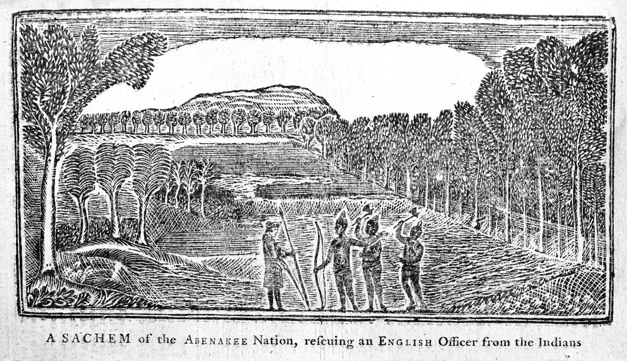 Un Sachem della Nazione Abenakee che salva un ufficiale inglese, illustrazione da Bickerstaffs Boston Almanack, pubblicato nel 1768 da American School