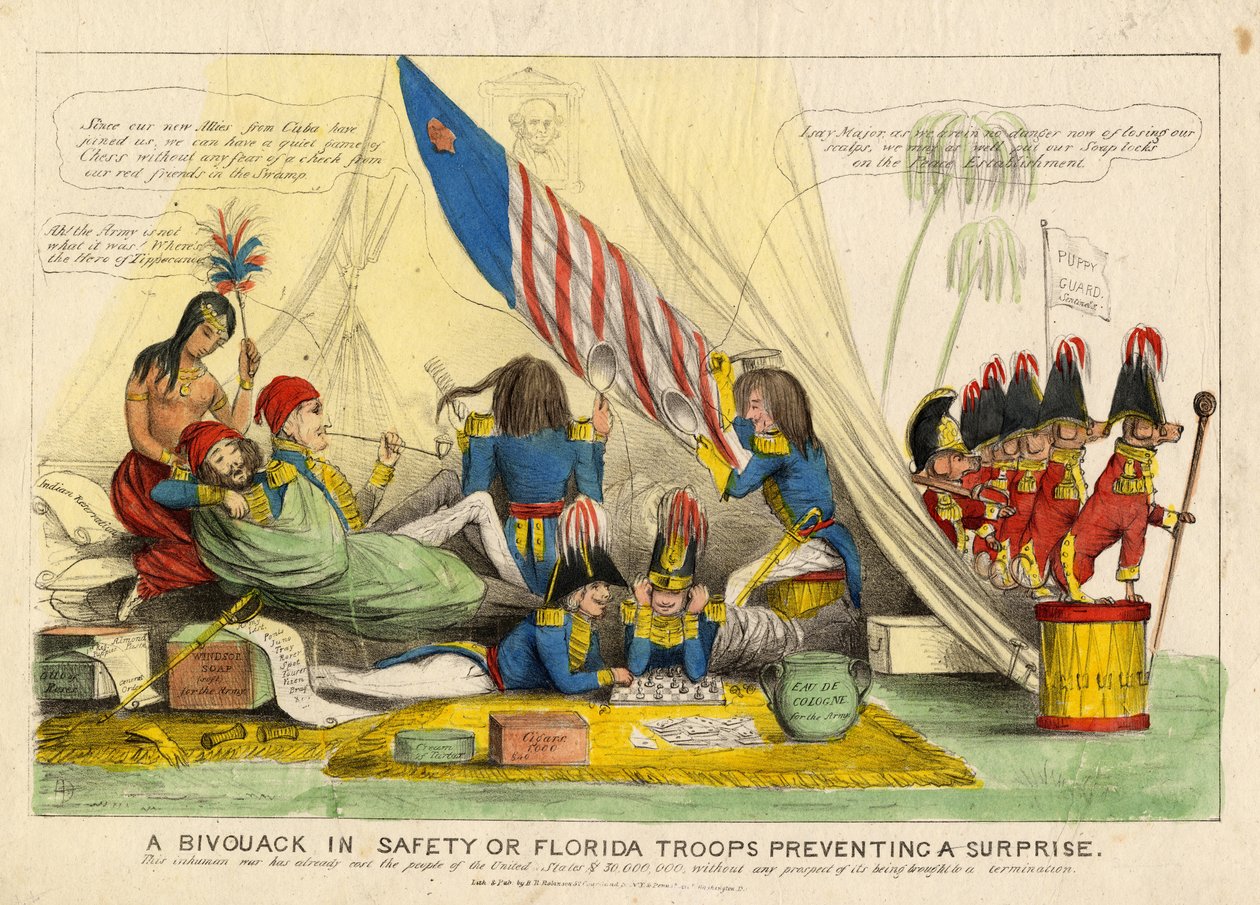 Un bivacco in sicurezza, o, Truppe della Florida che prevengono una sorpresa, pubblicato da H R Robinson, New York, c.1839 da American School