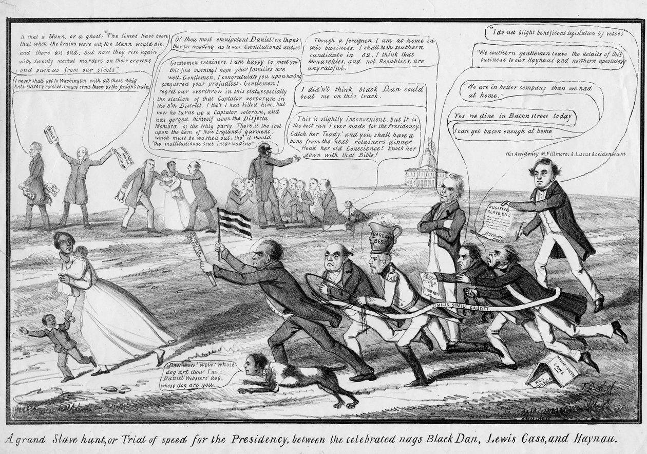 Una grande caccia agli schiavi, o, Prova di velocità per la presidenza, tra i celebri cavalli Black Dan, Lewis Cass e Haynau, pubblicato da T.C., New York, c.1852 da American School