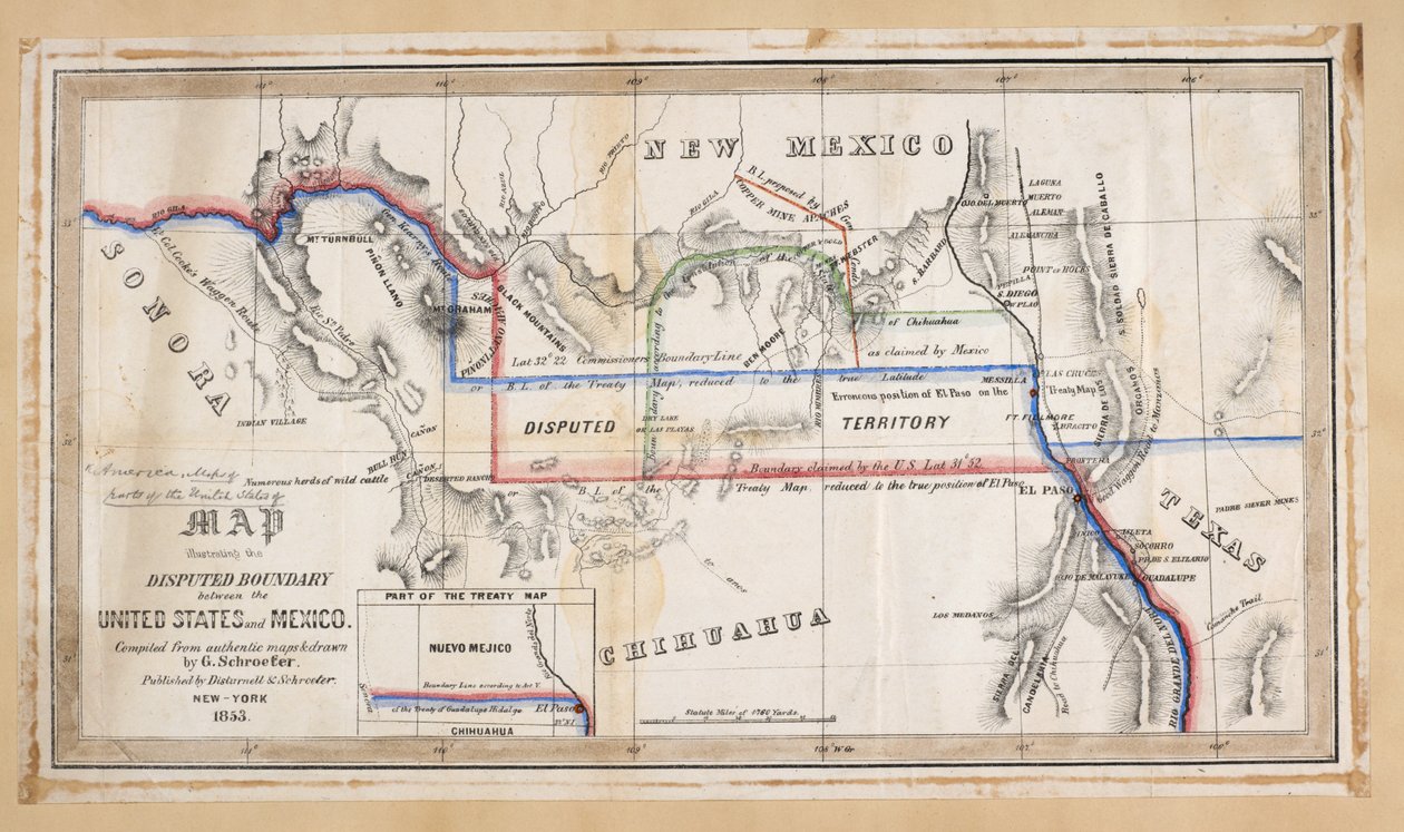 Una mappa che illustra il confine conteso tra gli Stati Uniti e il Messico da American School