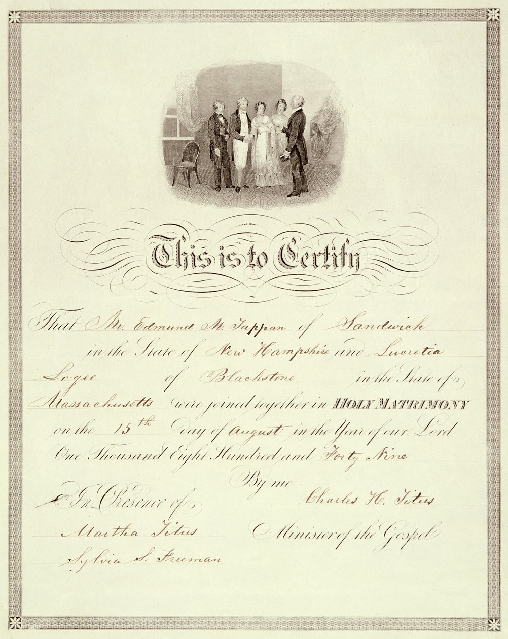 Un certificato di matrimonio del 1849 da American School