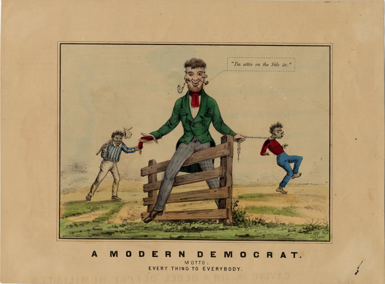 Un democratico moderno: motto: tutto per tutti, firmato su pietra: HAP, pubblicato a Dubuque, Iowa, c.1860 da American School