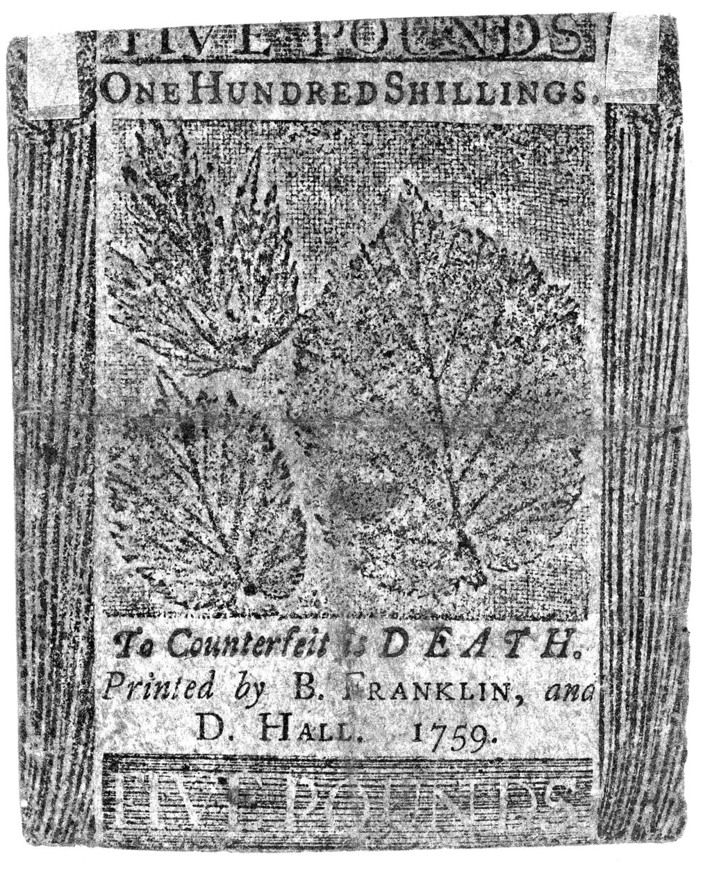 Una banconota da cento scellini stampata da B. Franklin e D. Hall, 1759 da American School
