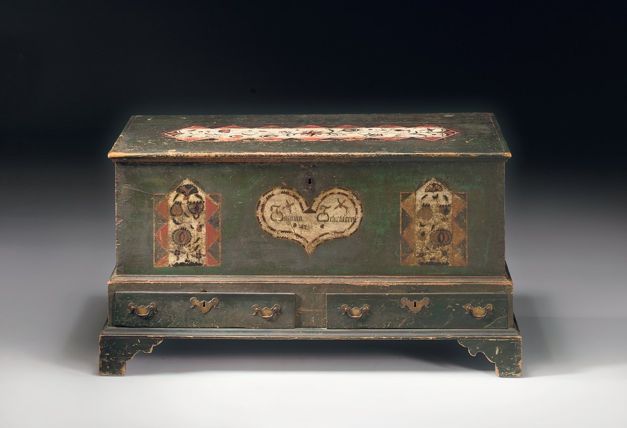 Cassapanca decorata con pittura, iscritta Susana Scheblern, probabilmente Lancaster County, Pennsylvania, 1790 da American School
