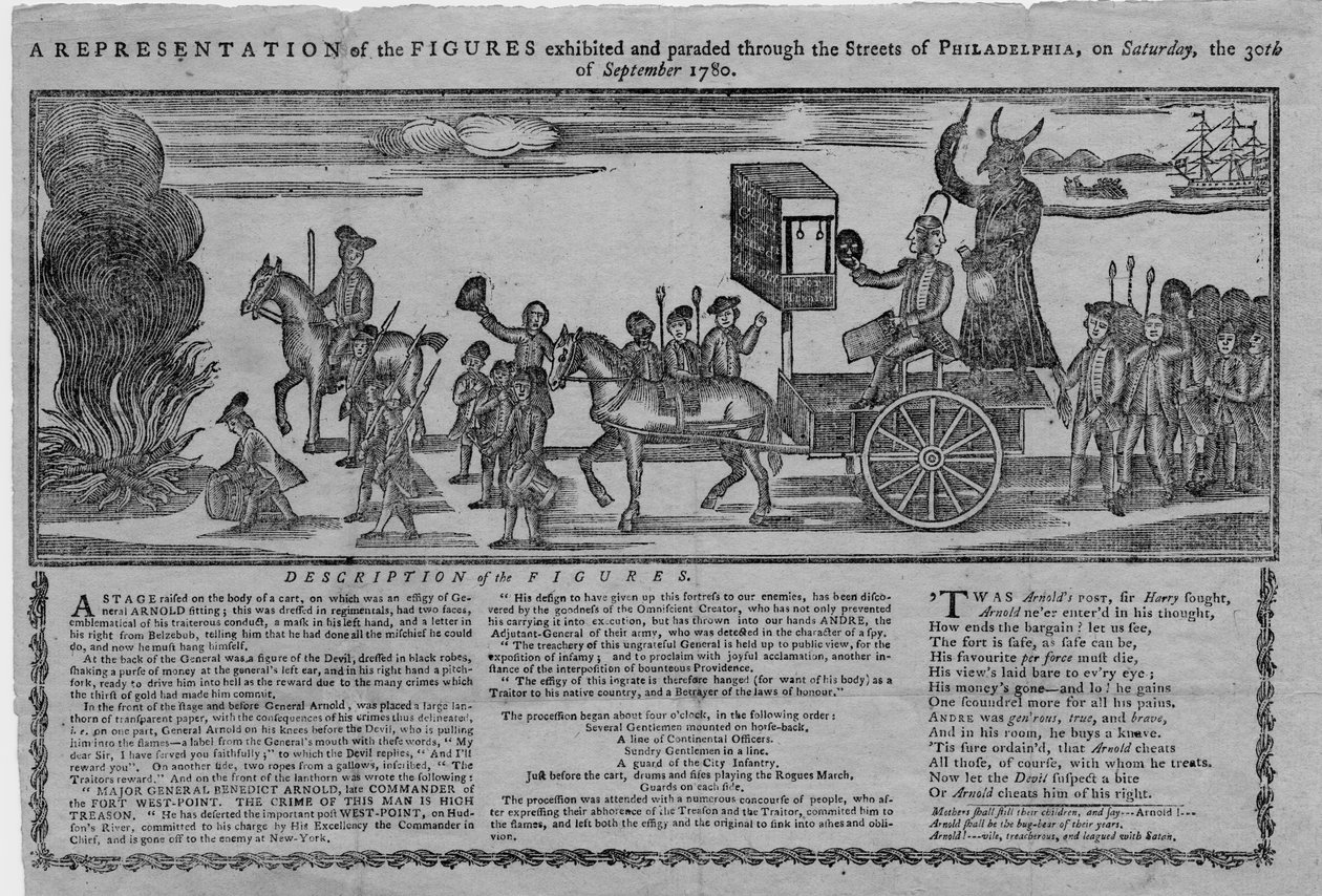 Una rappresentazione delle figure esposte e sfilate per le strade di Filadelfia sabato 30 settembre 1780 da American School