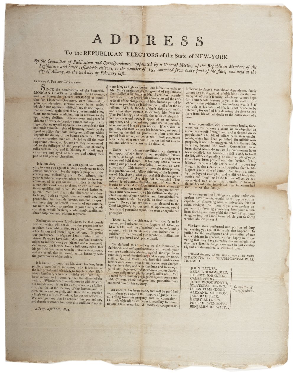 Discorso agli elettori repubblicani dello stato di New York, 6 aprile 1804 da American School