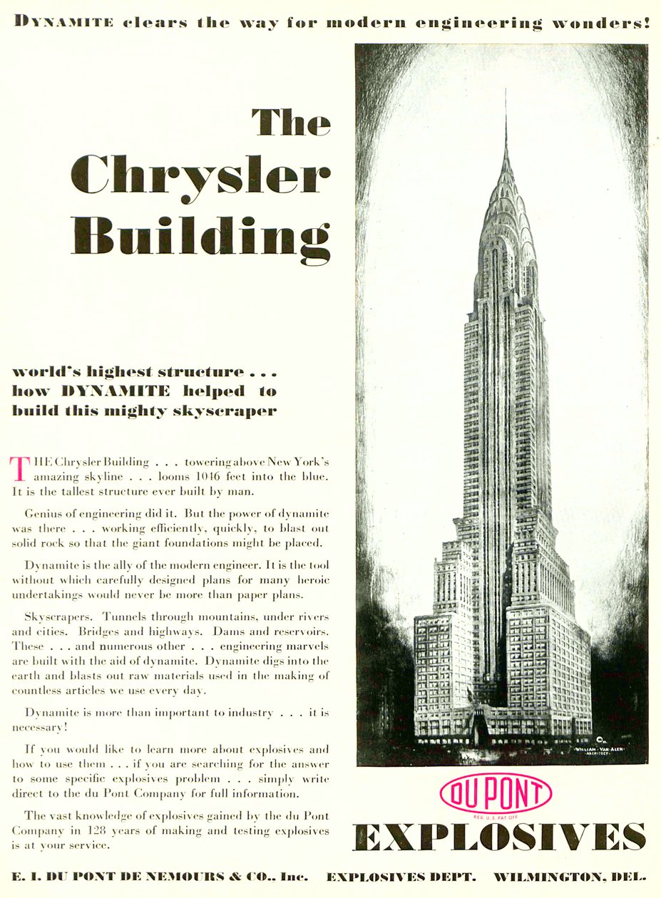 Pubblicità con il Chrysler Building, dalla rivista DuPont, maggio 1930 da American School