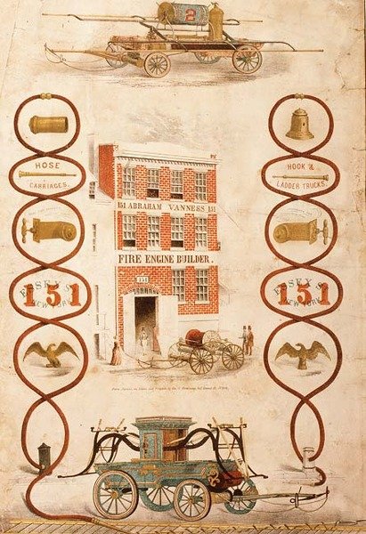 Pubblicità per Abraham Vanness, costruttore di autopompe e produttore di attrezzature antincendio, pub. da Geo. G. Gratacap, New York, c.1850 da American School