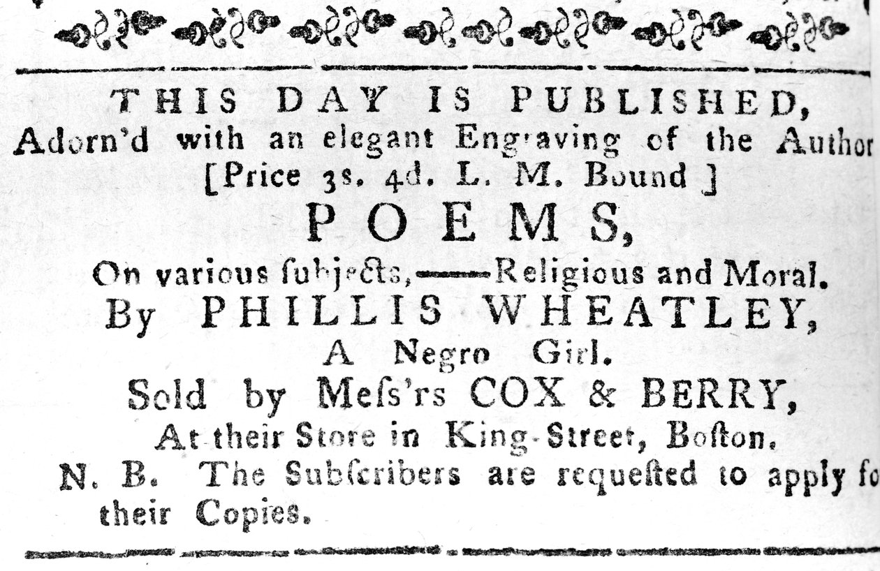 Pubblicità per il primo libro di Phillis Wheatley, dal Boston Gazette, 7 febbraio 1774 da American School