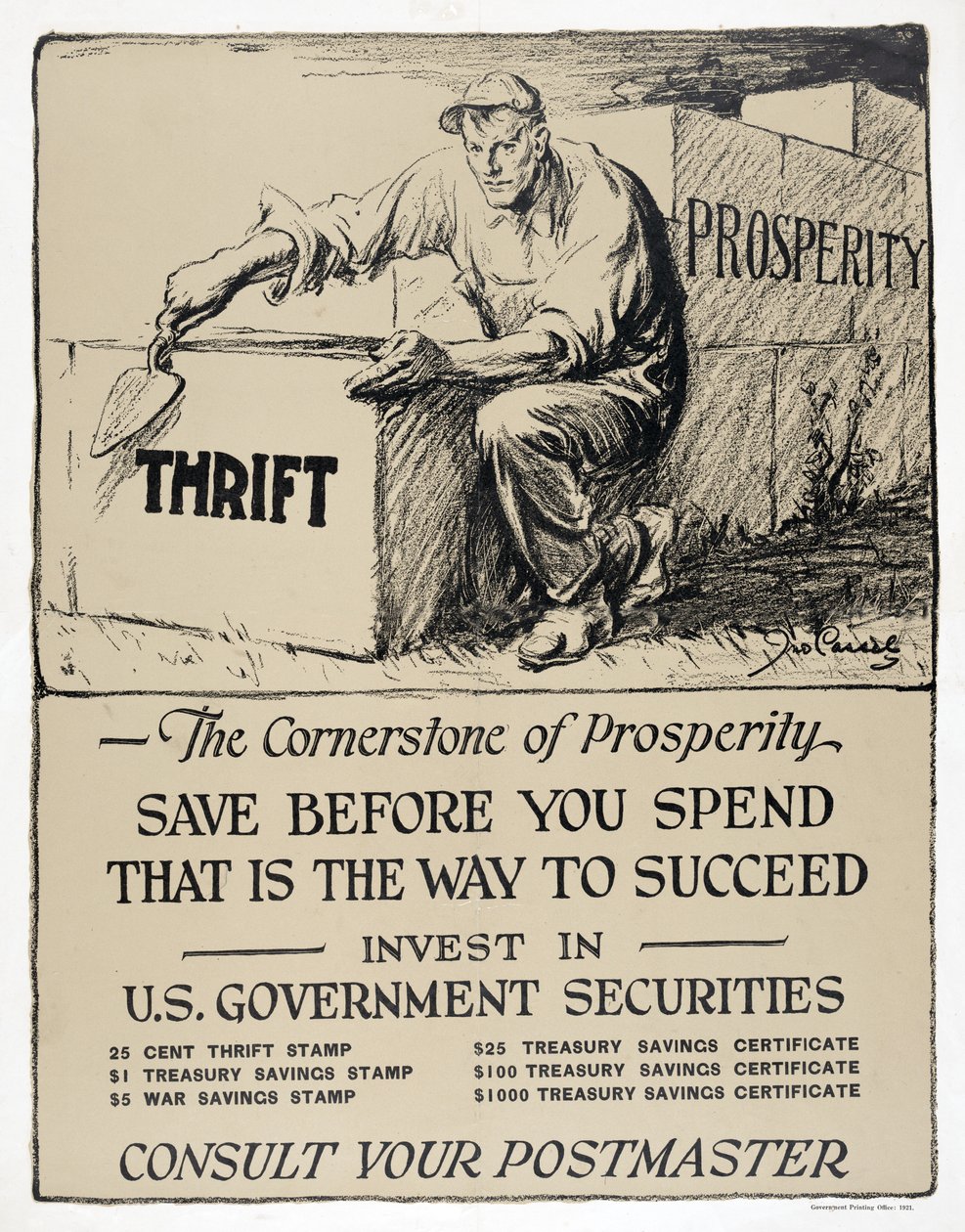 Pubblicità per i titoli di Stato americani, "The Cornerstone of Prosperity", ed. 1921 (litografia) da American School