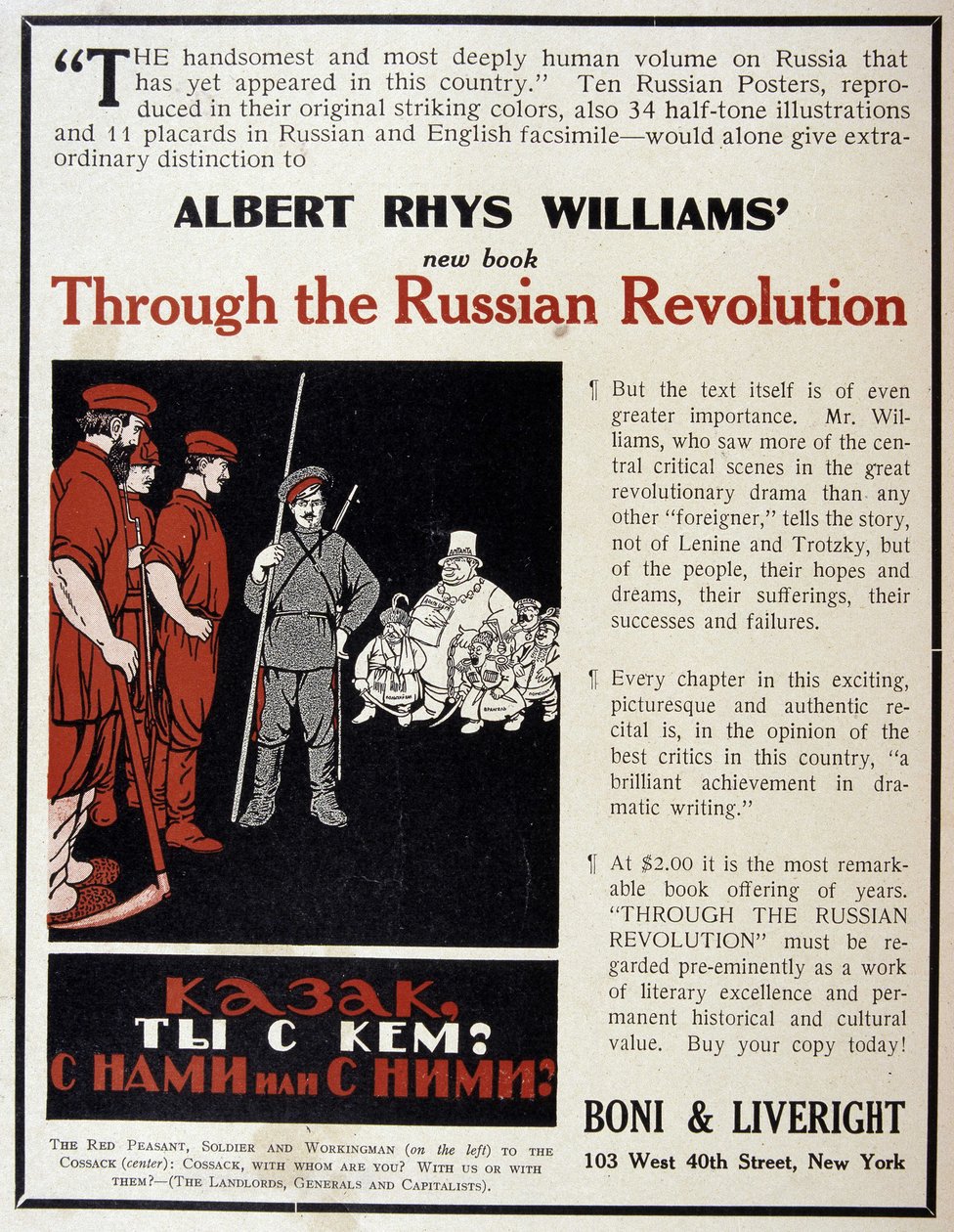 Pubblicità per la vendita del libro "La Rivoluzione Russa" di Albert Rhys Williams in una rivista americana da American School