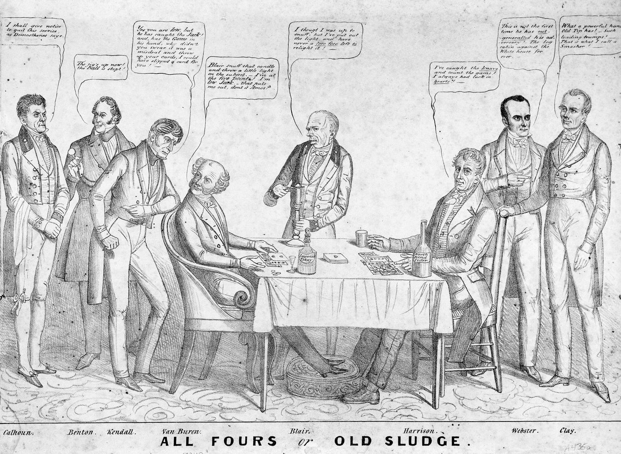 All Fours o Old Sludge, vignetta politica che raffigura il presidente Martin Van Buren (1782-1862) che gioca a carte contro William Henry Harrison (1773-1841) tra altri statisti e politici, 1836 da American School