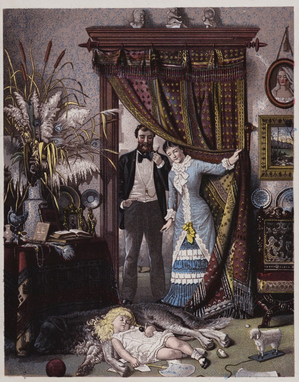 Coppia americana che guarda la figlia addormentata sul cane (litografia a colori) da American School