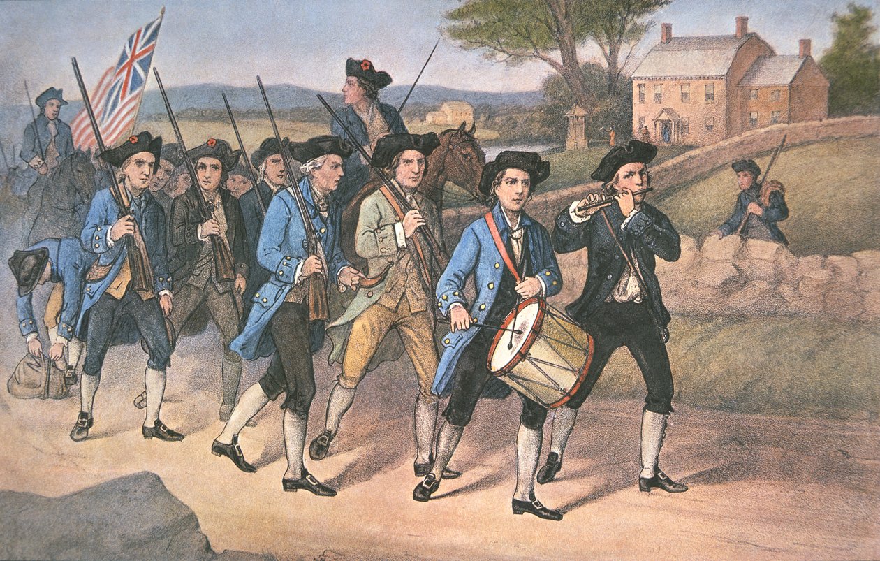Minutemen americani che marciano contro i britannici al ritmo della musica marziale di Fife e Drum, pub. da Currier & Ives da American School