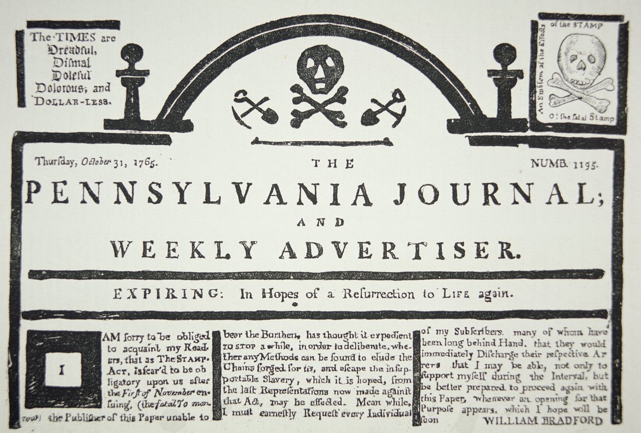 Una risposta americana al British Stamp Act, pubblicata nel The Pennsylvania Journal and Weekly Advertiser il 31 ottobre 1765 da American School