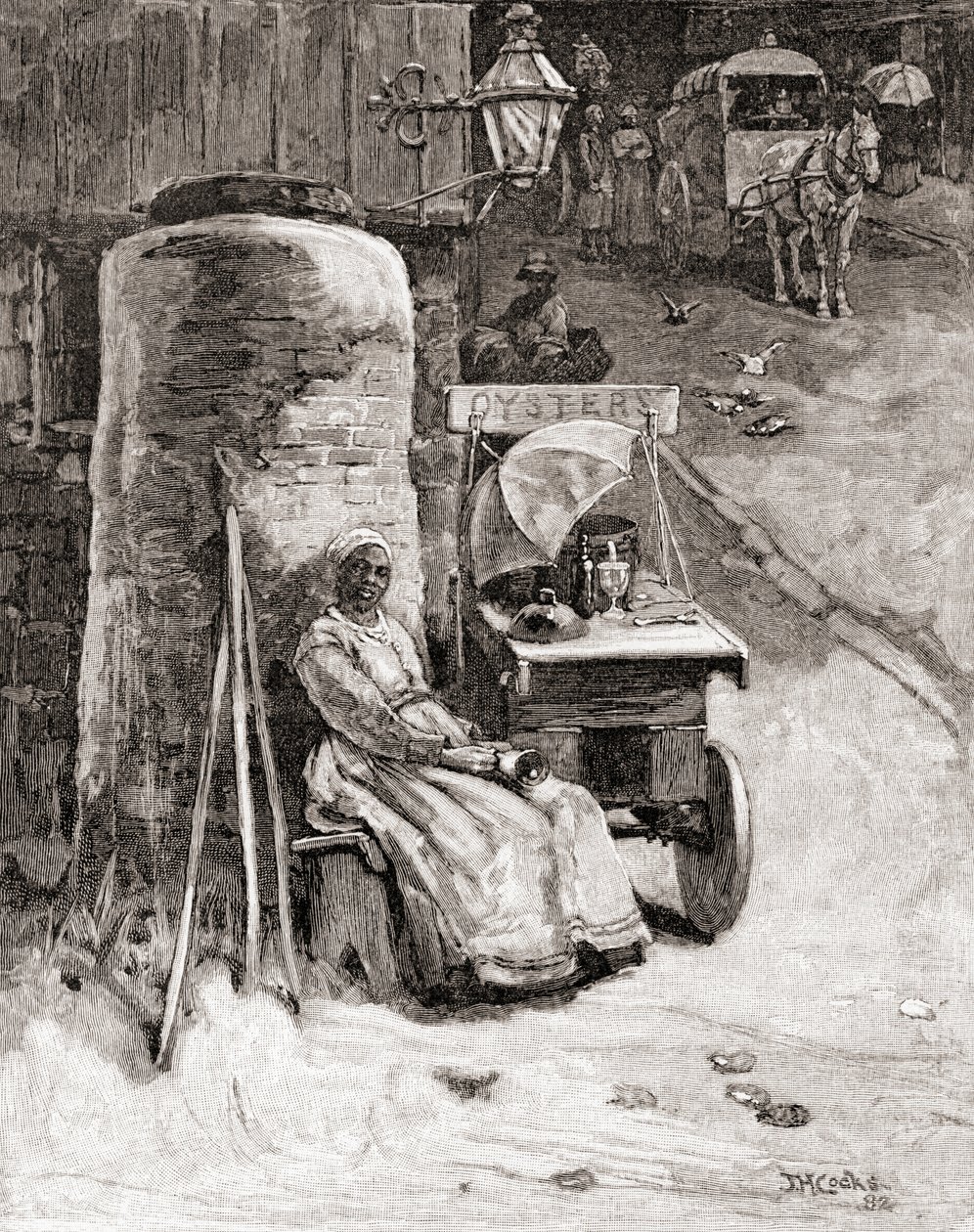 Una venditrice di ostriche con il suo carretto vicino al Washington Navy Yard, Washington D.C., nel XIX secolo, da 