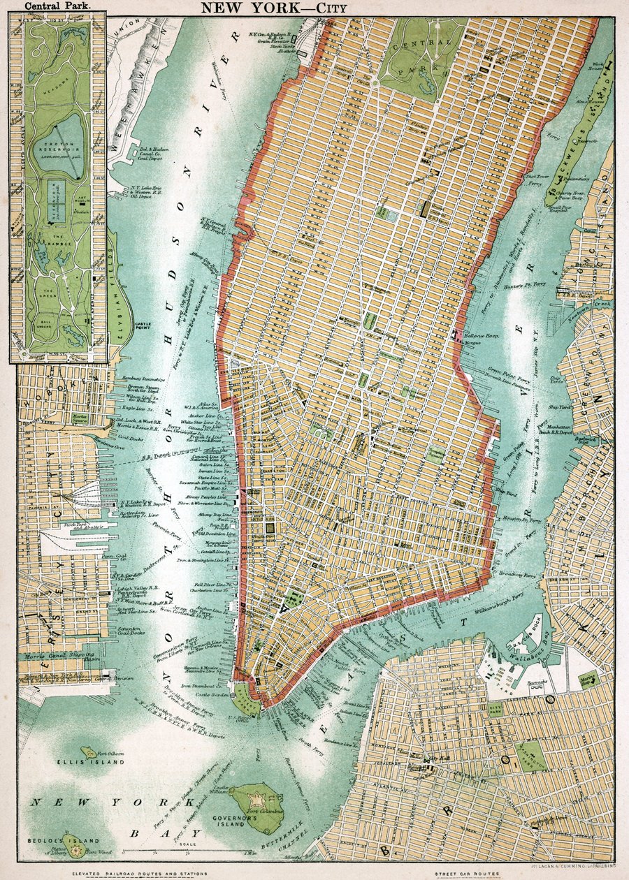 Mappa antica di Lower Manhattan e Central Park da American School