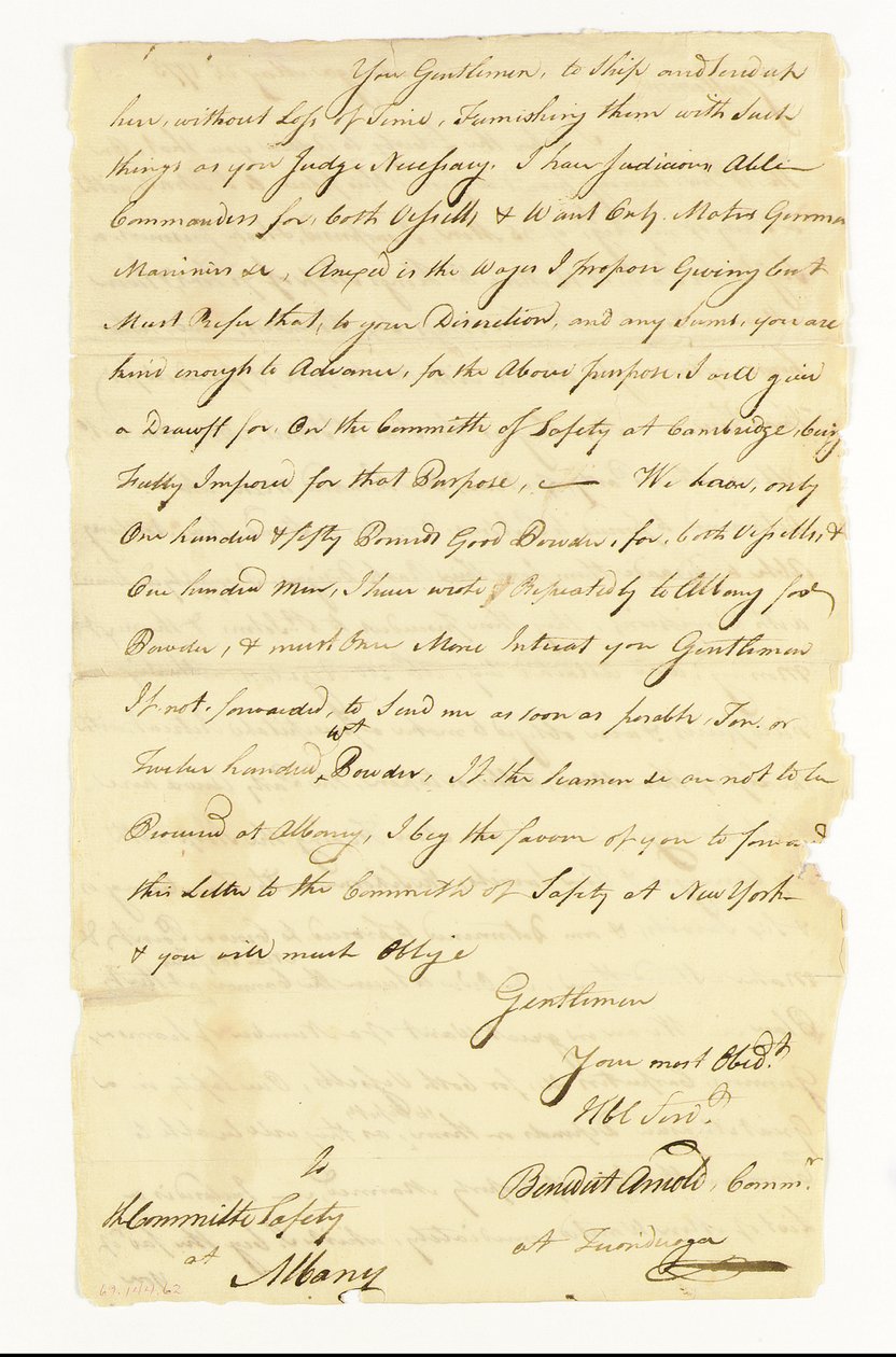 Arnold Benedict (1741-1801) Generale, Esercito Continentale, Traditore. Lettera autografa firmata ("Benedict Arnold Commr. a Ticonderoga") al Comitato di Sicurezza ad Albany, Ticonderoga, 22 maggio 1775 da American School