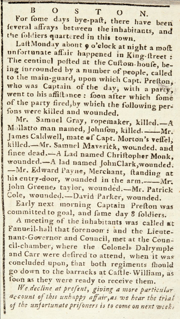 Articolo dal Boston Chronicle che descrive gli eventi del massacro di Boston, 5 marzo 1770 da American School