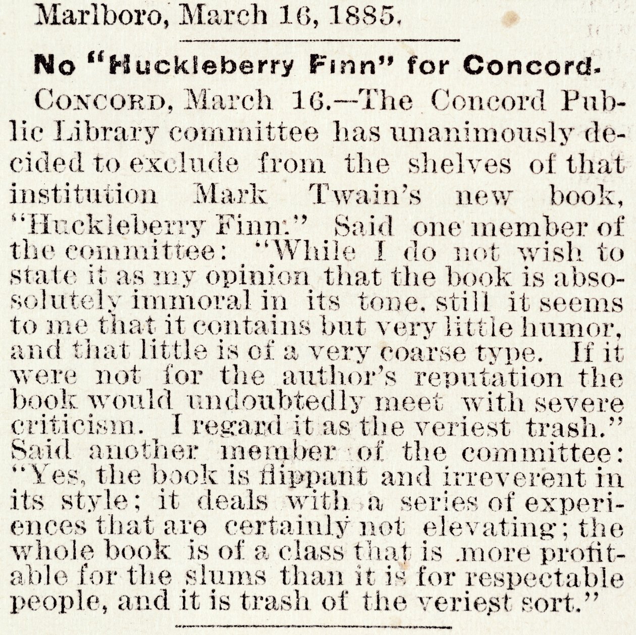 Articolo nel Boston Daily Globe riguardante il divieto di Huckleberry Finn a Concord, Massachusetts, dal 16 marzo 1885 da American School