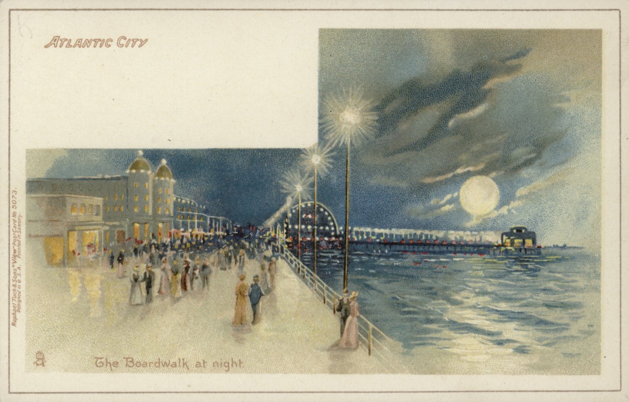 Atlantic City, il Boardwalk di notte (cromolitografia) da American School