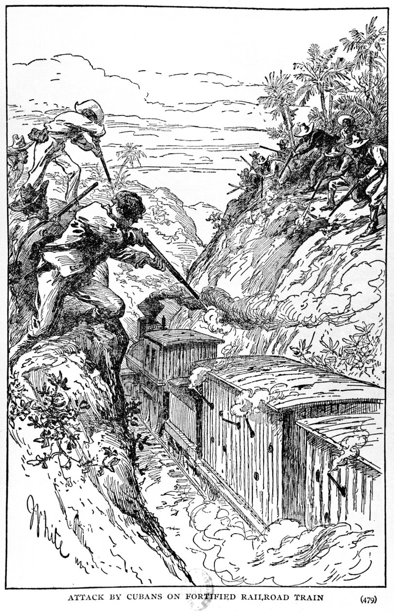 Attacco dei cubani a un treno blindato, illustrazione da The Story of Cuba di Murat Halstead, pubblicato nel 1898 da American School