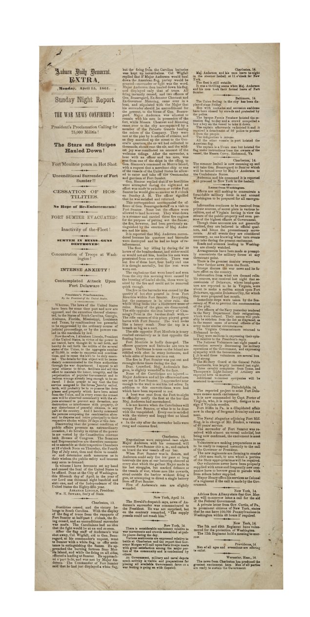 Auburn Daily Democrat Extra riguardo a Fort Sumter, 15 aprile 1861 da American School