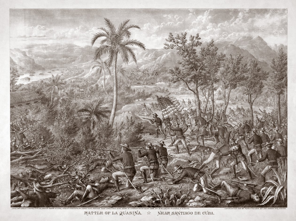 Battaglia di La Quasina, vicino a Santiago de Cuba, pub. 1898 (incisione) da American School