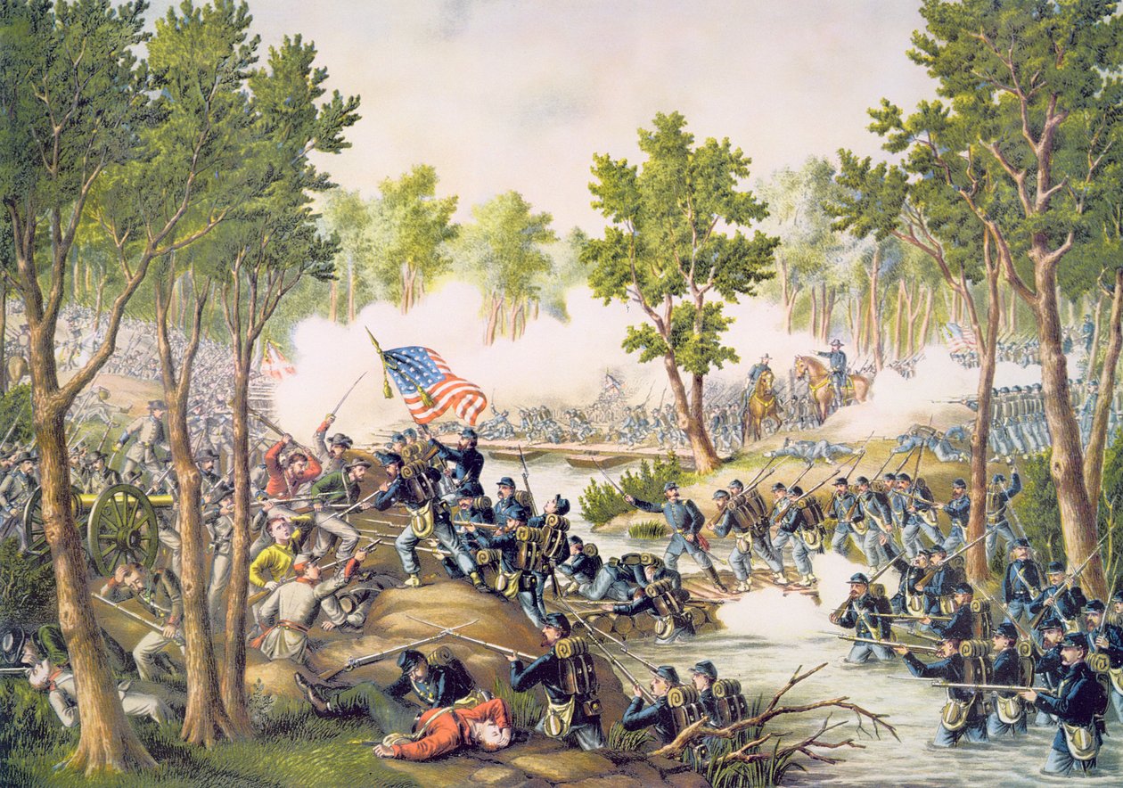 Battaglia di Spottsylvania, maggio 1864, inciso da Kurz & Allison da American School