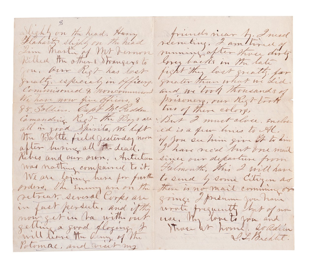 Lettera di resoconto della battaglia di G. L. Brehct (penna e inchiostro su carta) da American School