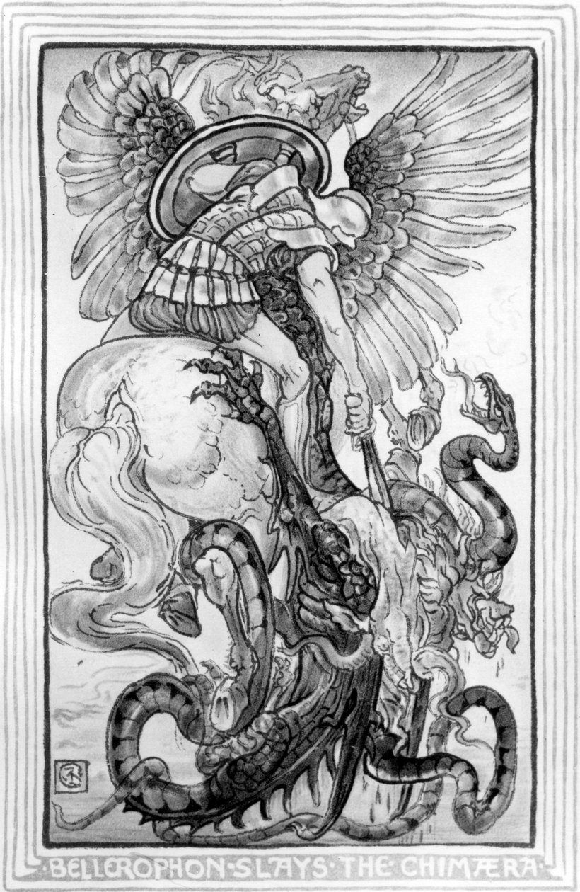 Bellepheron uccide la Chimera, tratta da The Wonder-Book for Girls and Boys scritto da Nathaniel Hawthorne, 1852 da American School