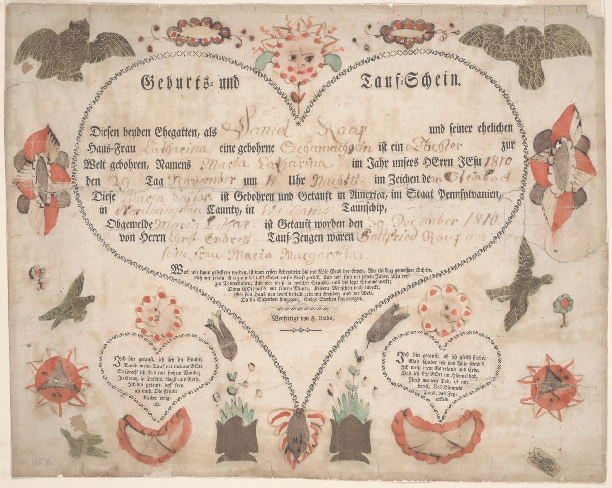 Certificato di nascita e battesimo per Maria Catharina Raup c.1806 da American School