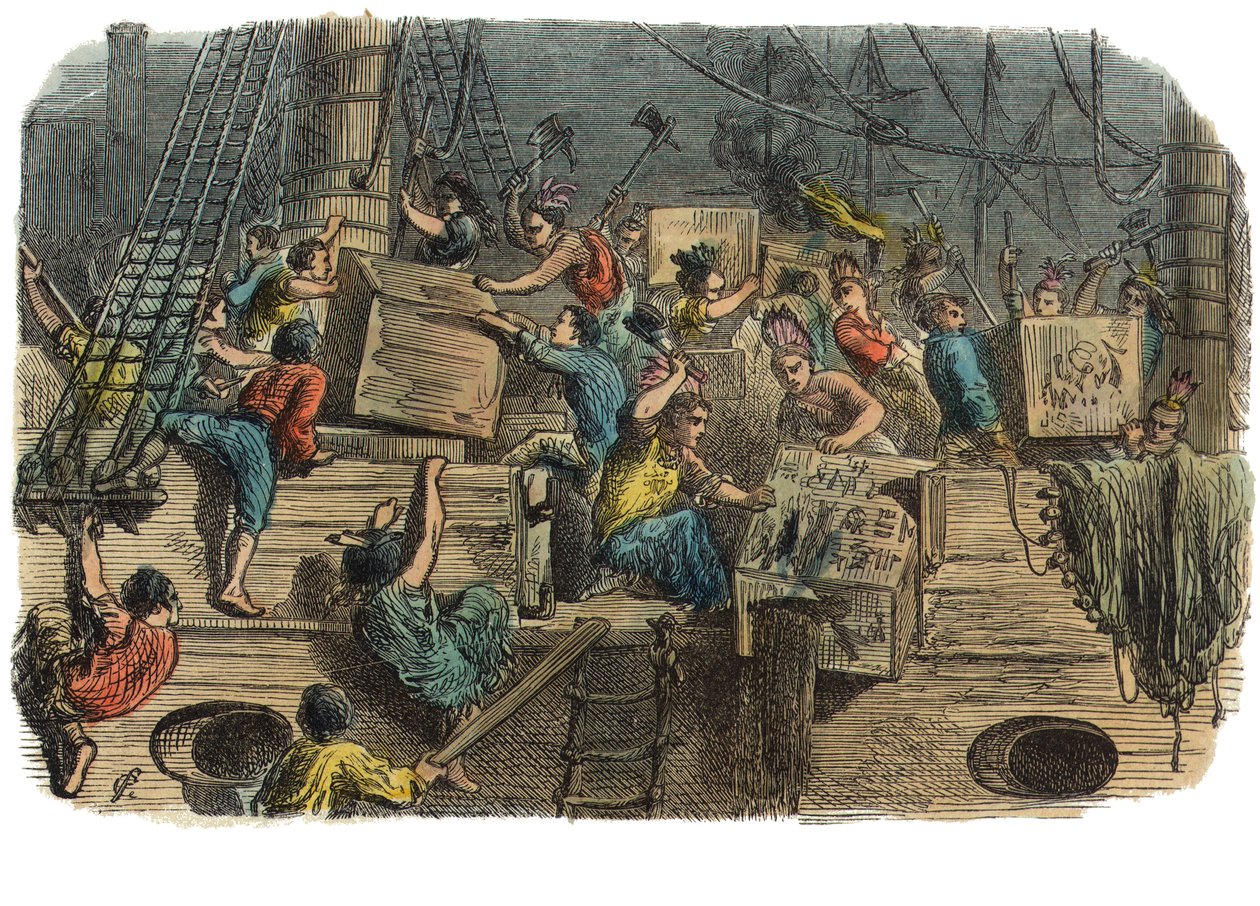 Boston Tea Party, c.1860s (incisione colorata a mano) da American School