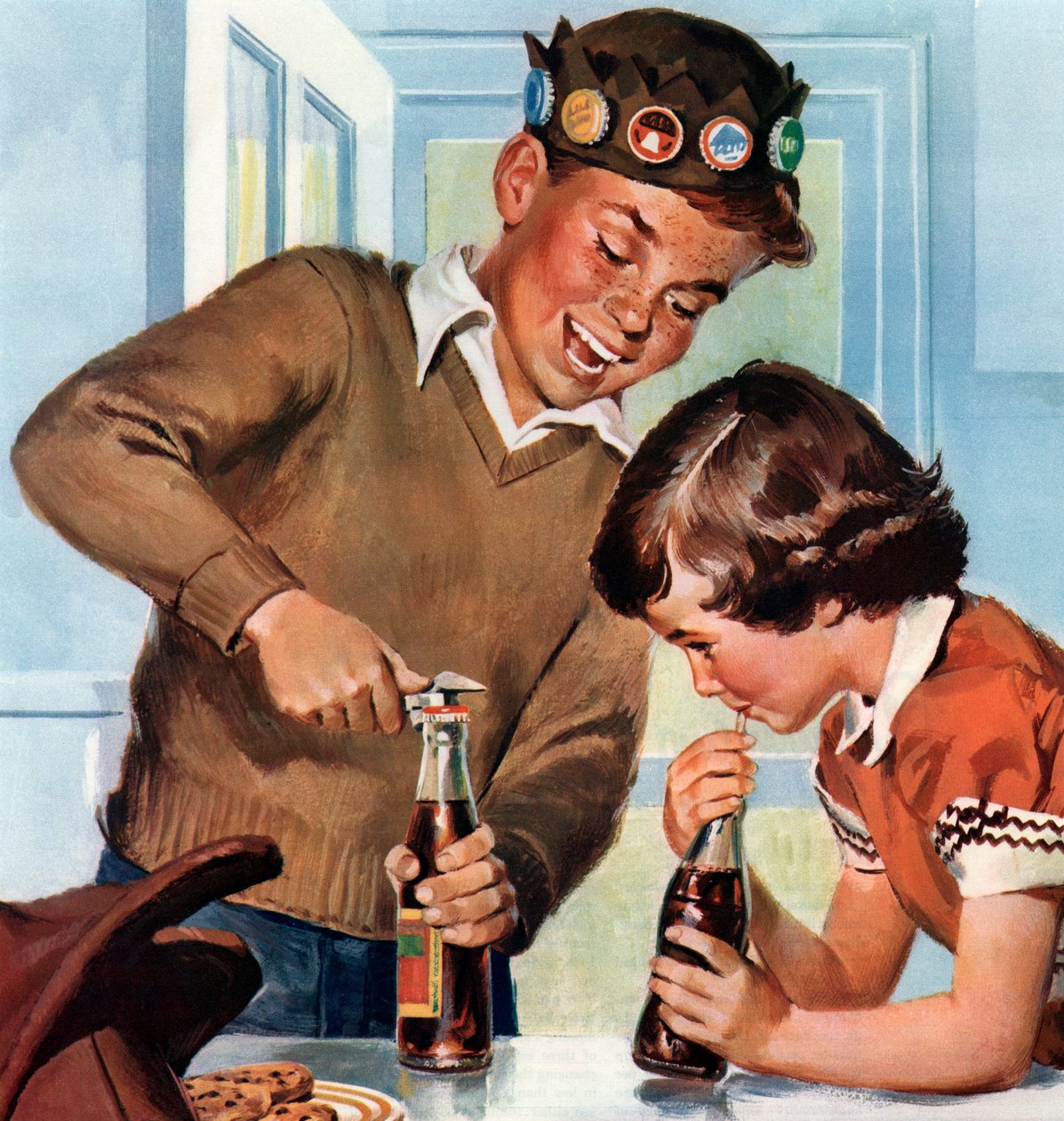 Ragazzo e ragazza che si godono felicemente bevande analcoliche da American School